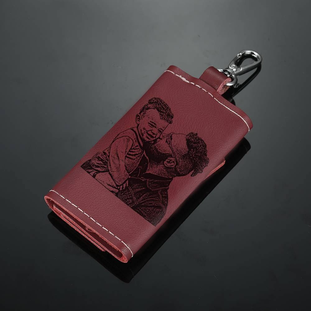 Photo Leather Key Case, Key Holder Wallet Dark Red