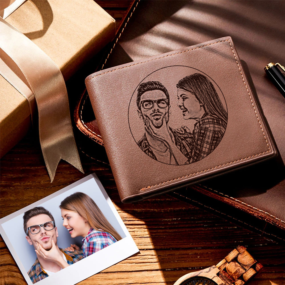 Custom Engraved Photo Wallet Leather Wallet with Zipper for Men