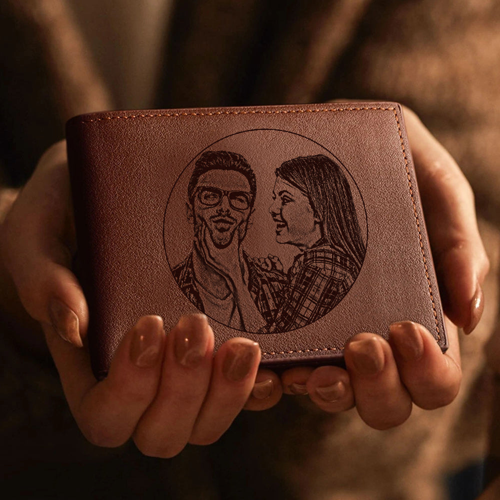 Custom Engraved Photo Wallet Leather Wallet with Zipper for Men
