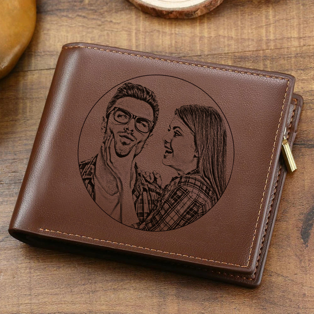 Custom Engraved Photo Wallet Leather Wallet with Zipper for Men
