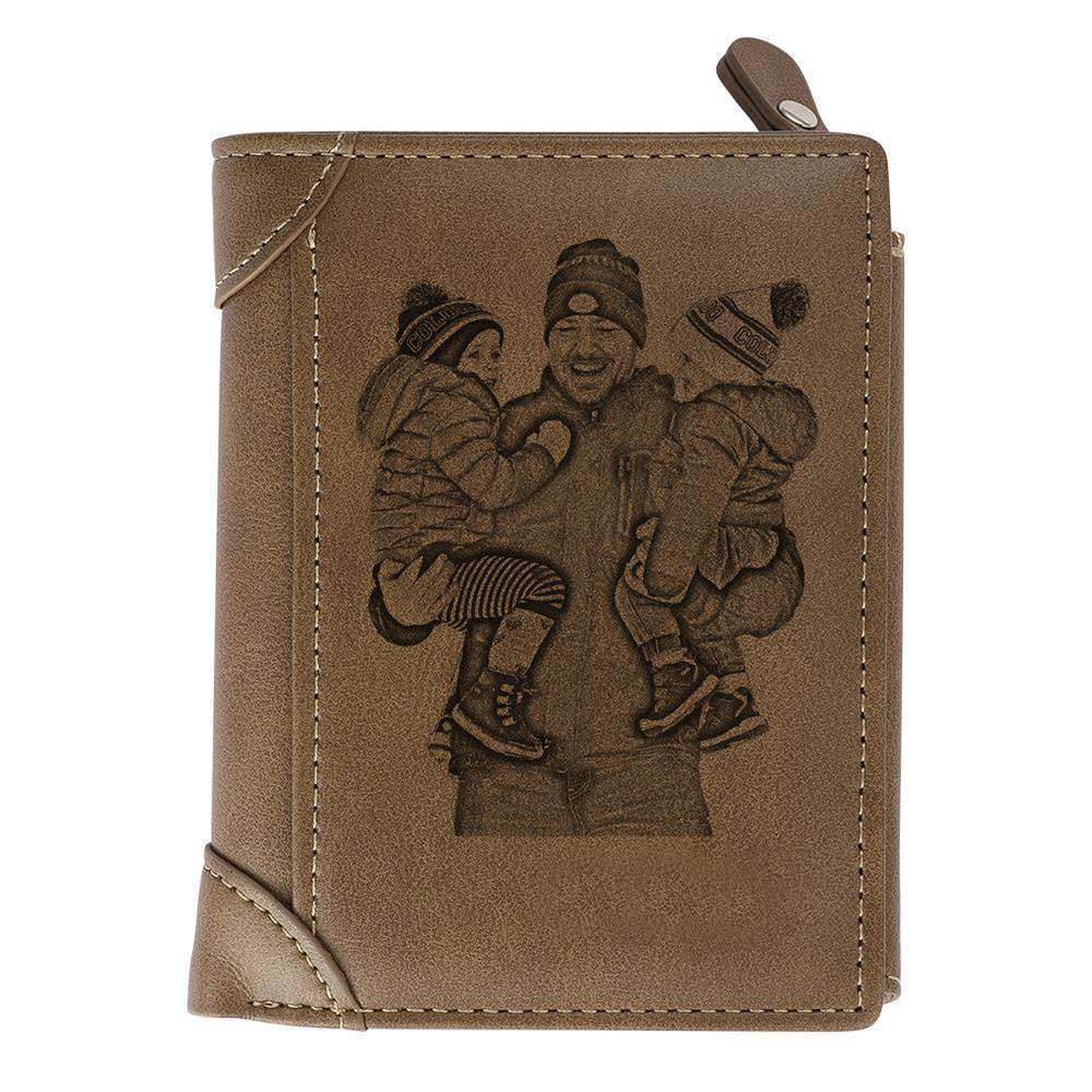 Custom Inscription Photo Engraved Wallet Leather Light Khaki - Two Pictures