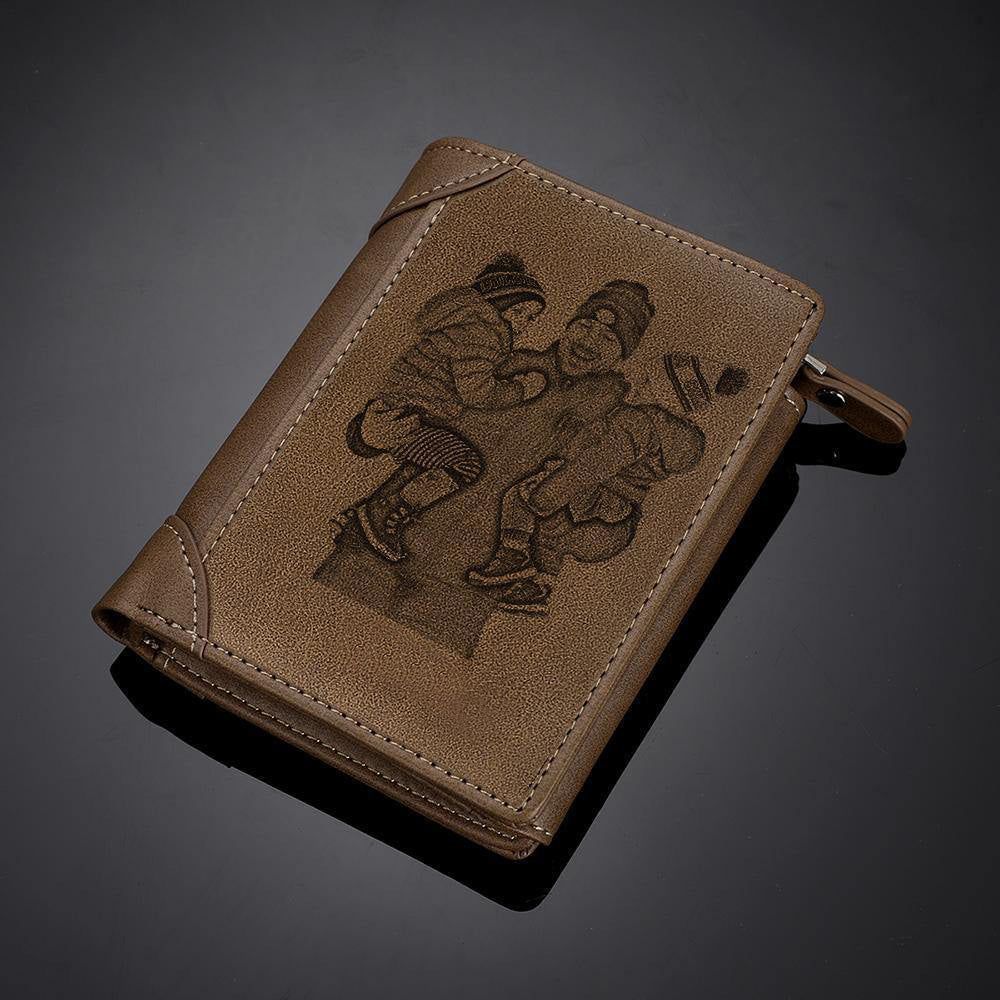 Custom Inscription Photo Engraved Wallet Leather Light Khaki - Two Pictures