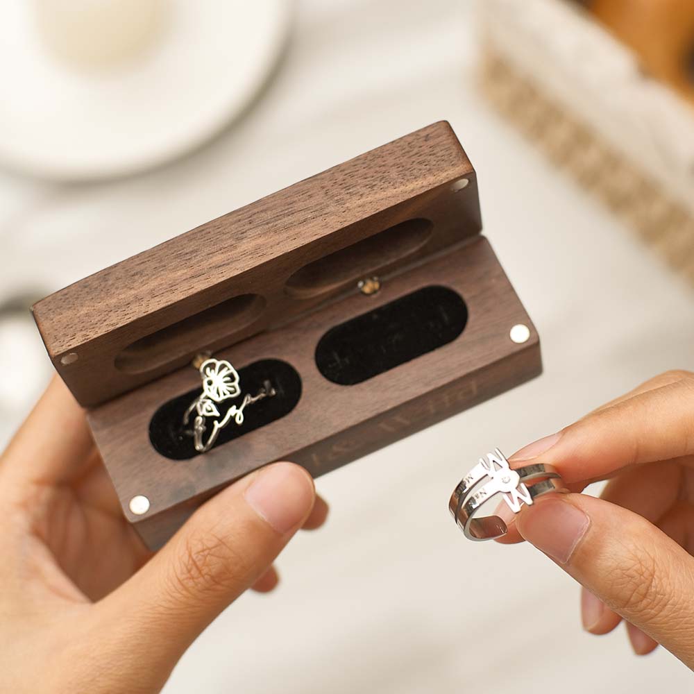 Engagement Engraved Ring Box Wooden Proposal Double Rings Box