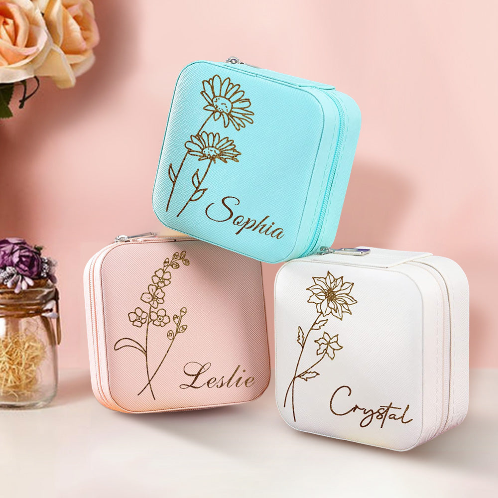 Personalized Birth Flower Jewelry Box Custom Leather Jewelry Organizer Storage Gift for Her
