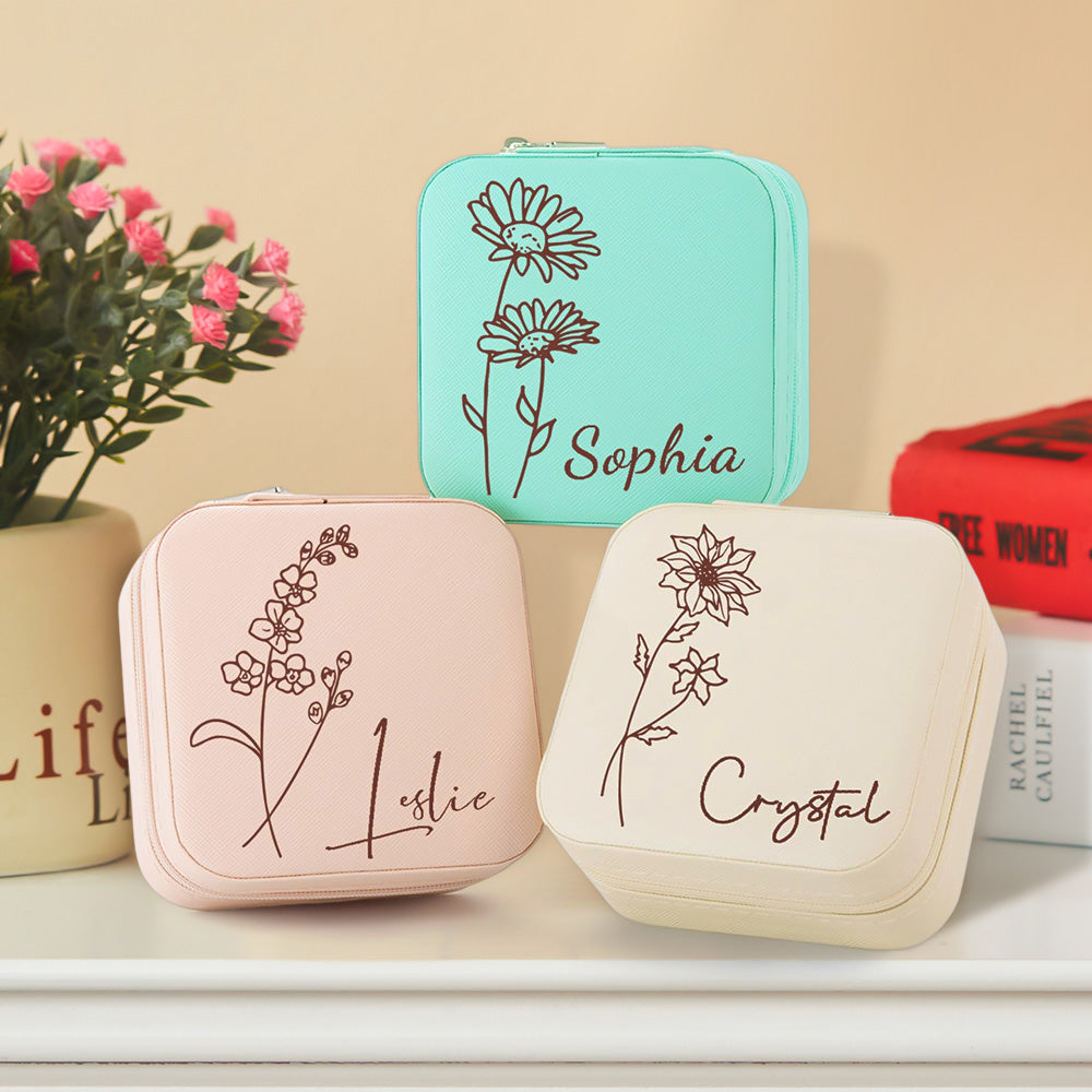 Personalized Birth Flower Jewelry Box Custom Leather Jewelry Organizer Storage Gift for Her