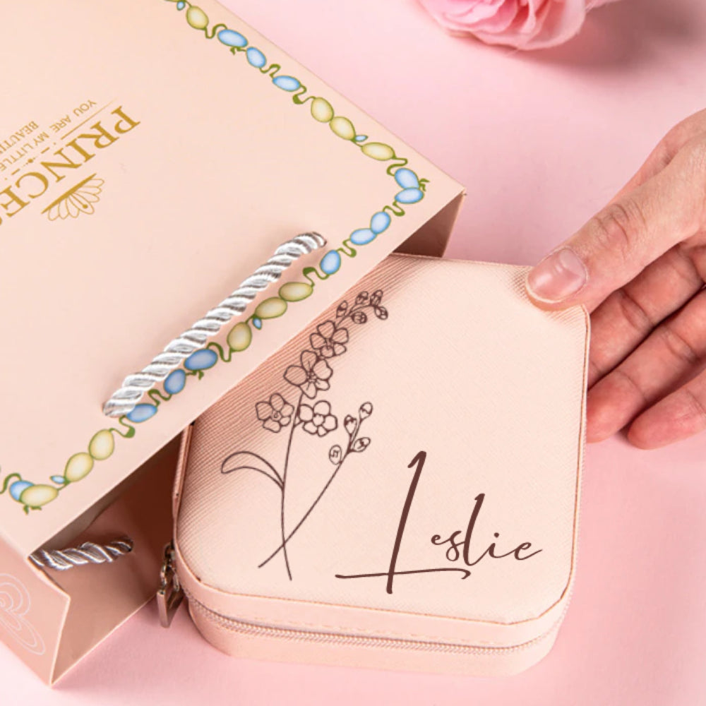 Personalized Birth Flower Jewelry Box Custom Leather Jewelry Organizer Storage Gift for Her
