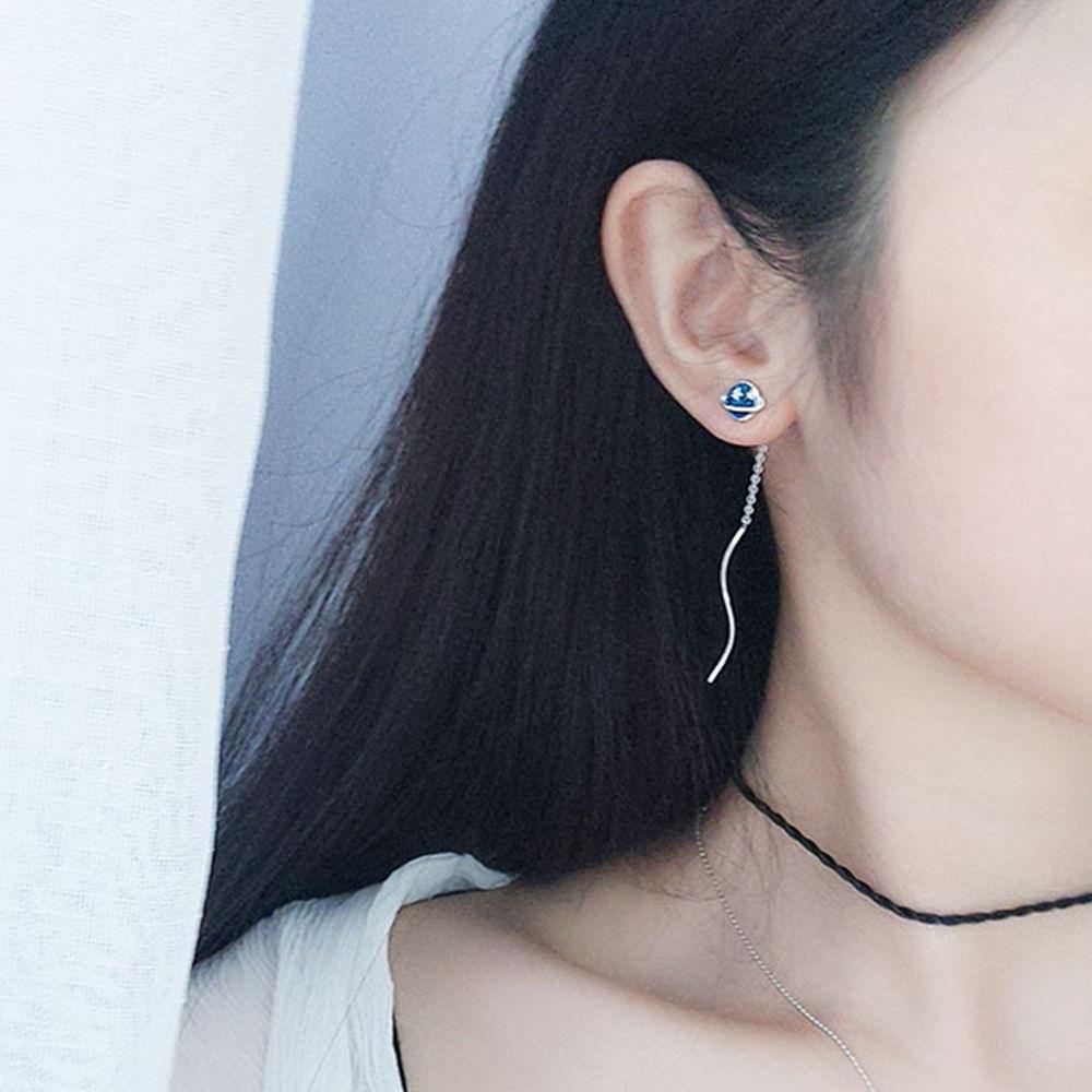 Blue Star and Moon Ear Lines Sterling Silver