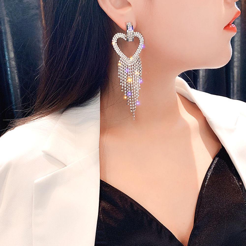 Heart-shaped Tassel Drop Earrings Silver