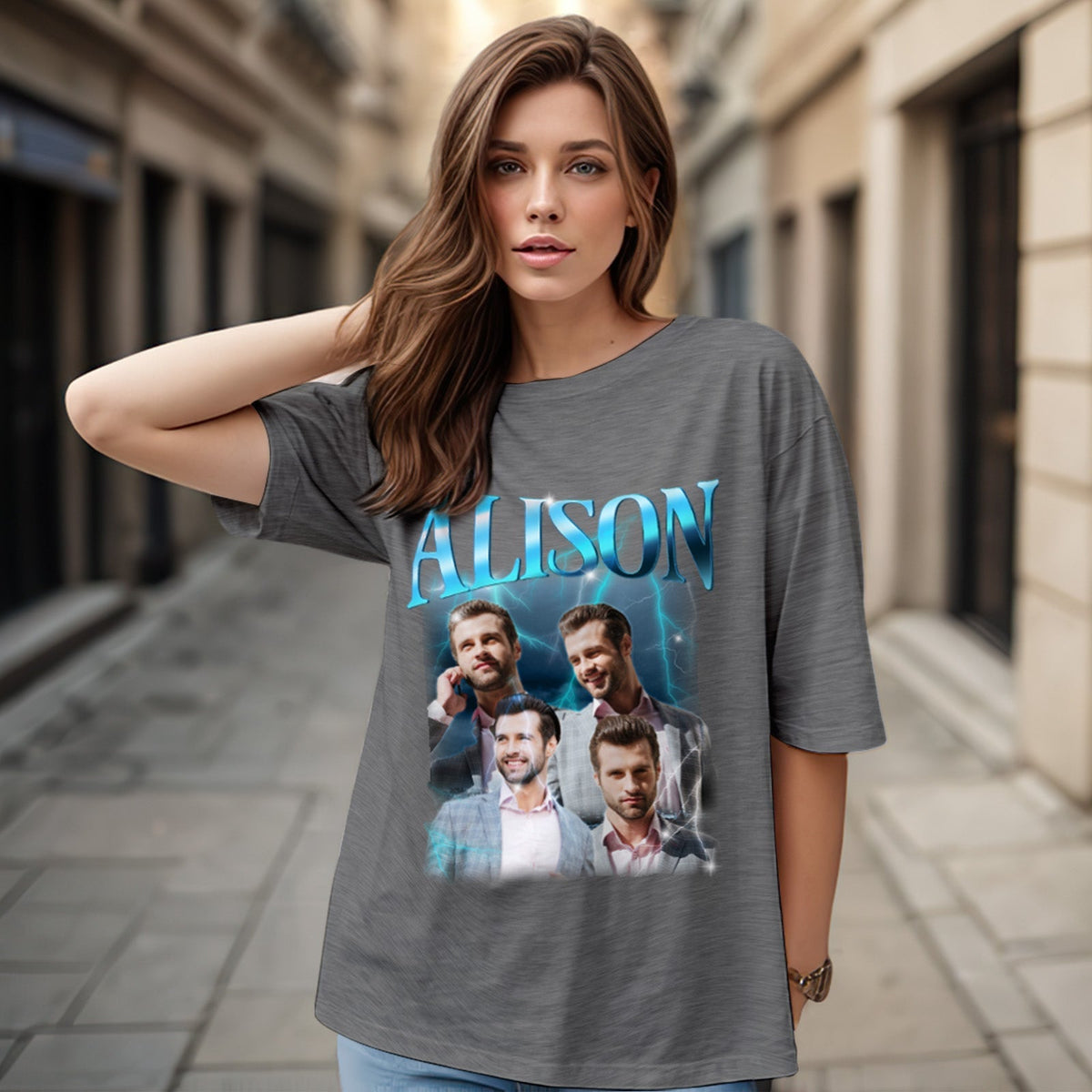 Custom Lightning Retro Photo And Name T-Shirt Special Gift For Couple