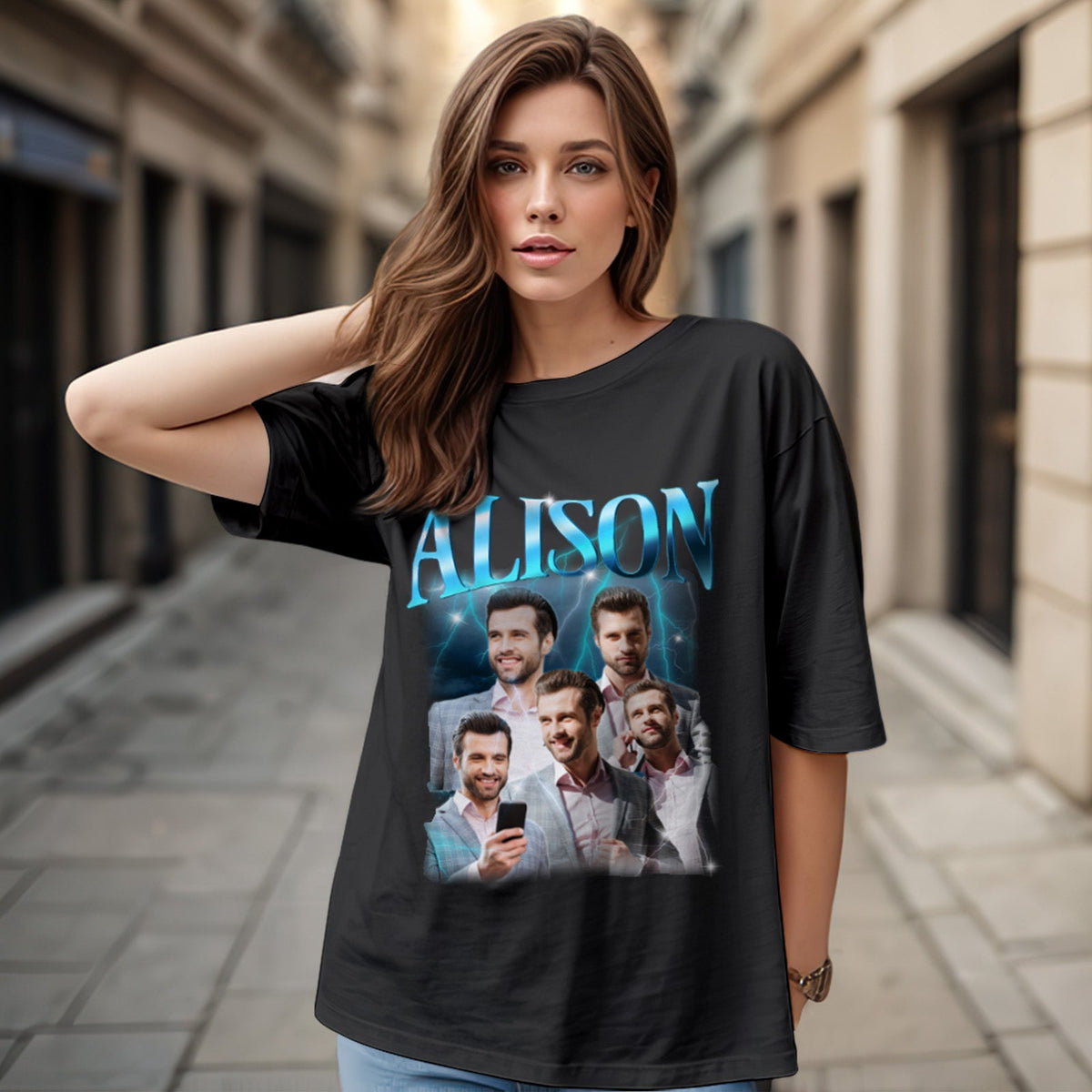 Custom Lightning Retro Photo And Name T-Shirt Special Gift For Couple