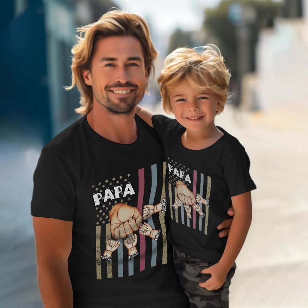 Personalized Papa Uncle Us Flag Grandkids Hands Shirts with Name Custom Papa Papaw Shirts for Fathers Day