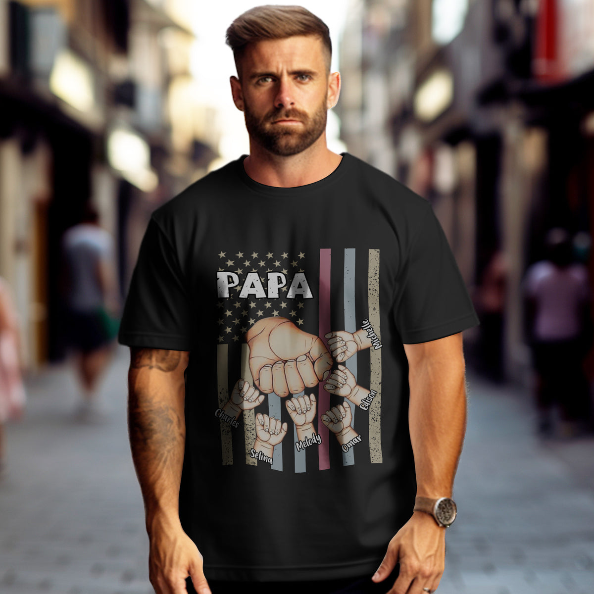 Personalized Papa Uncle Us Flag Grandkids Hands Shirts with Name Custom Papa Papaw Shirts for Fathers Day