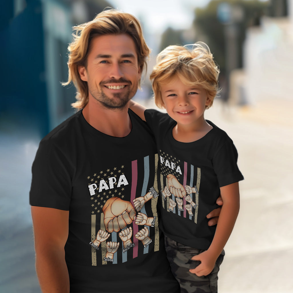 Personalized Papa Uncle Us Flag Grandkids Hands Shirts with Name Custom Papa Papaw Shirts for Fathers Day
