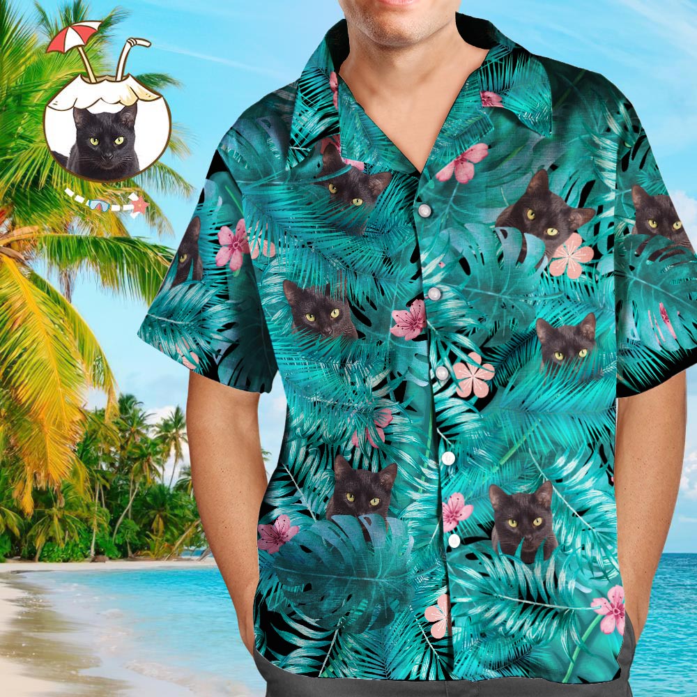 Custom Logo Hawaiian Shirts Black Cat Personalized Aloha Beach Shirt For Men