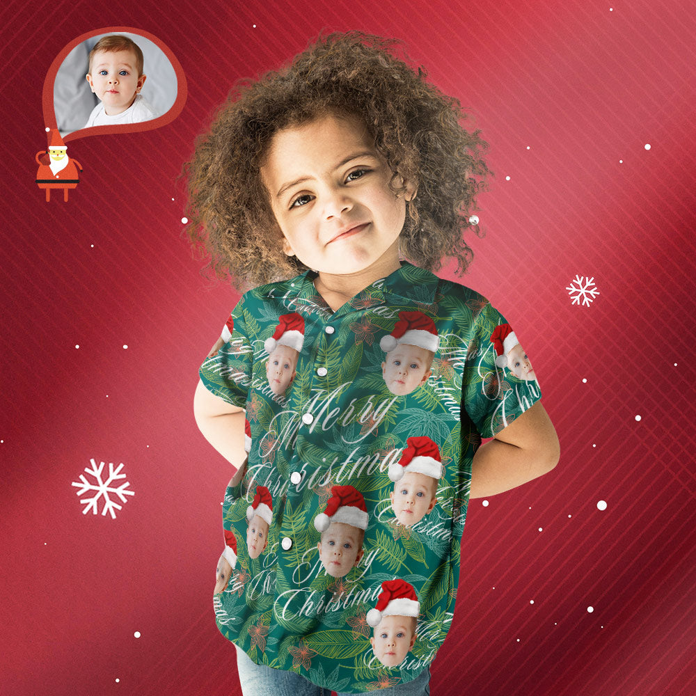 Custom Face Personalized Merry Christmas Kid's Hawaiian Shirt All Over Print Leaves