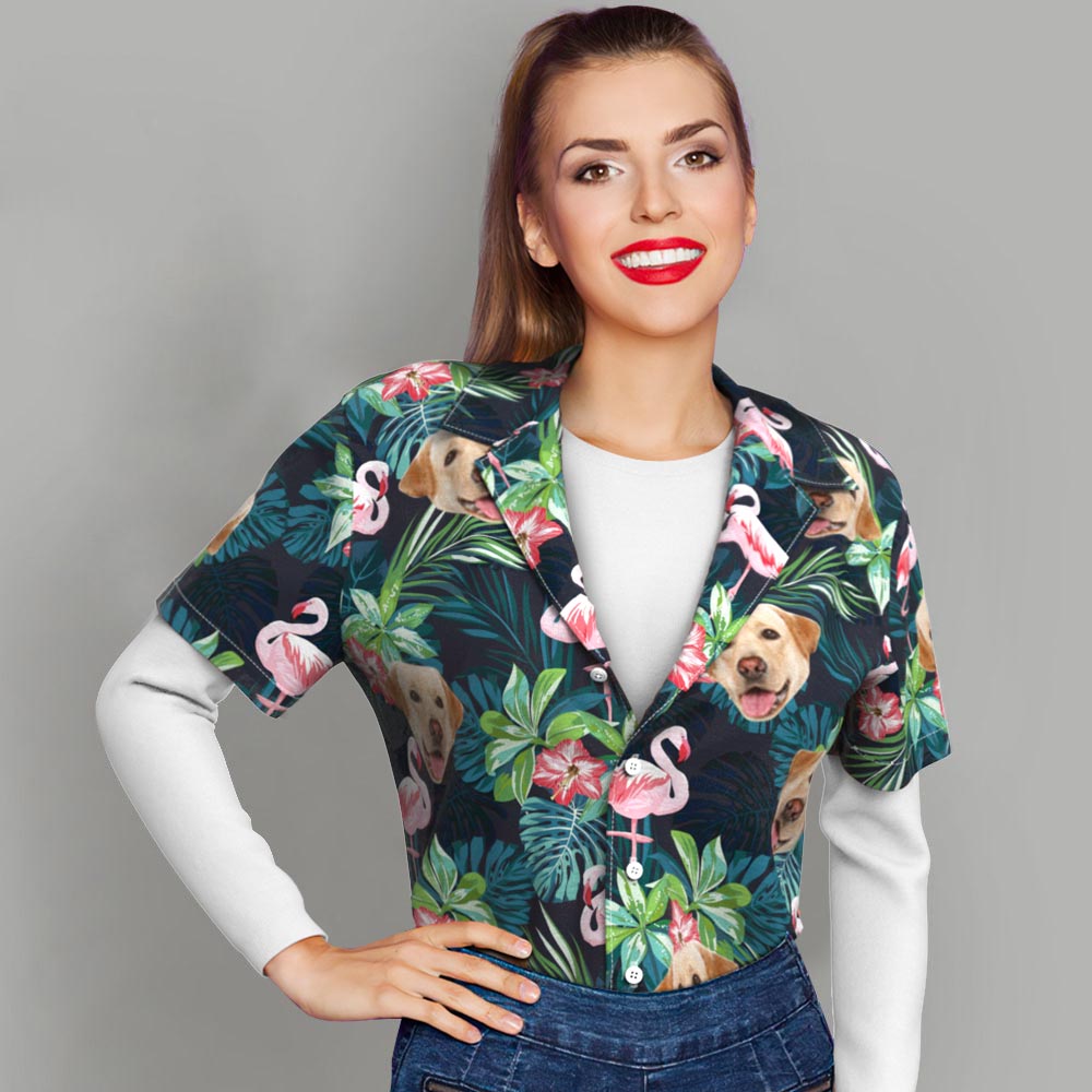 Custom Hawaiian Shirt with Face Custom Dog Face Shirt Leaves & Flamingo Hawaiian Shirts
