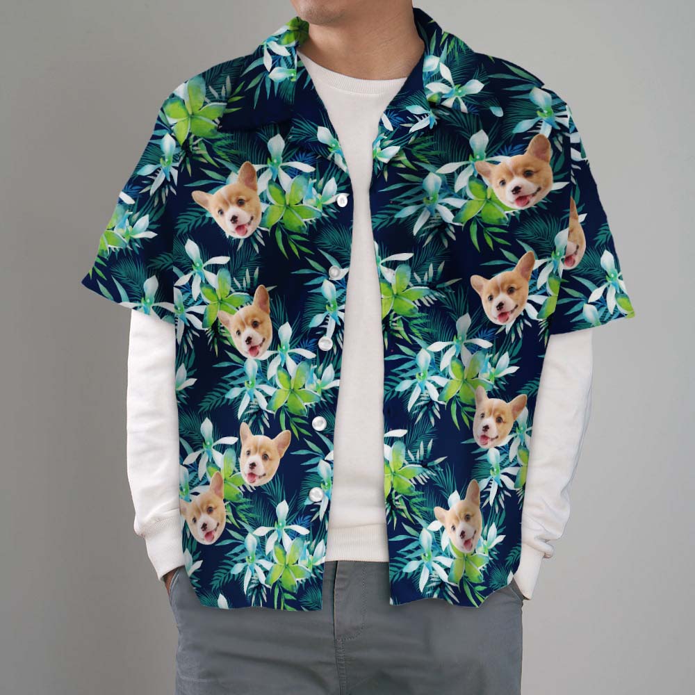 Custom Hawaiian Shirt with Face Custom Dog Face Hawaiian Shirt Leaves Tropical Shirts