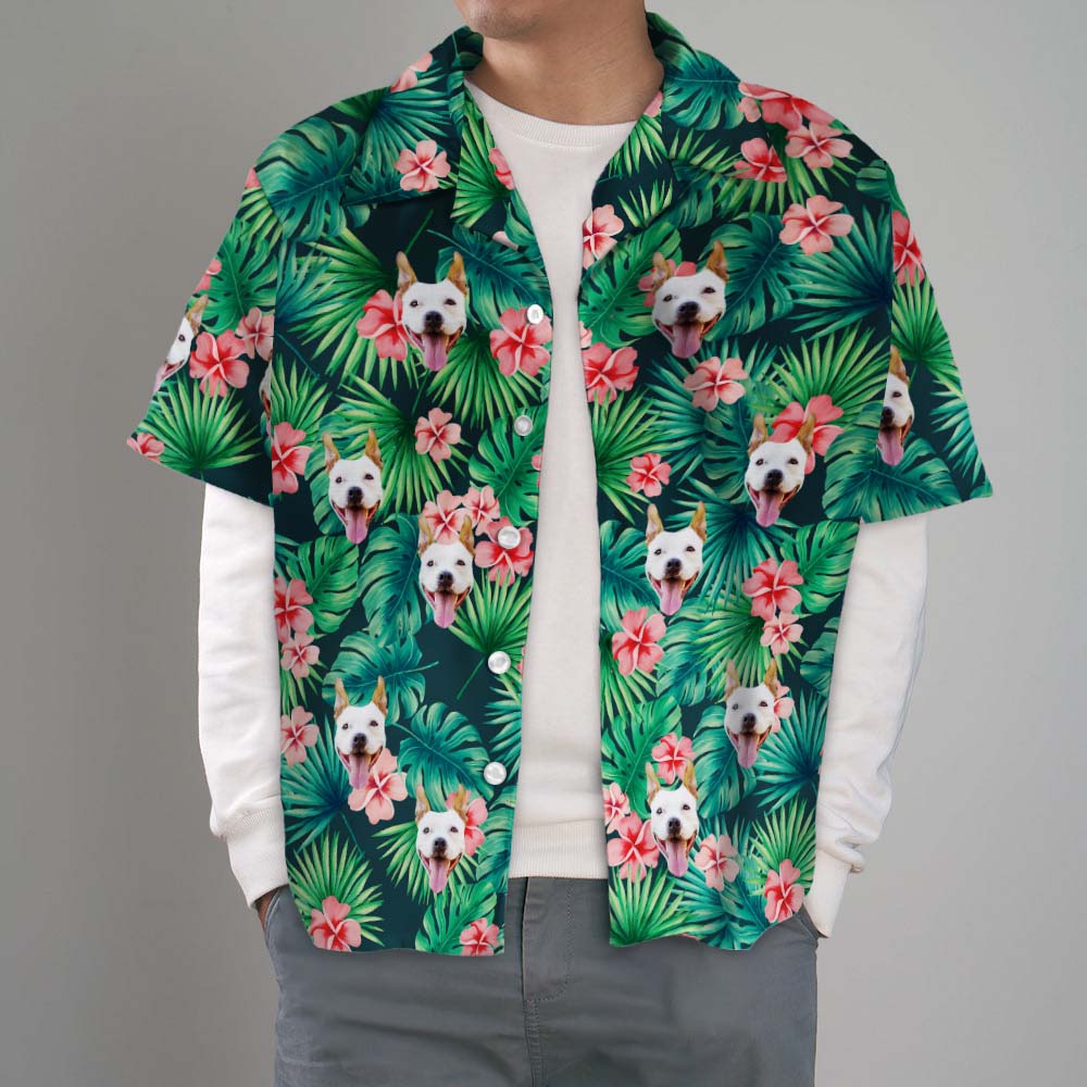 Custom Tropical Shirts Custom Dog Face Hawaiian Shirt Leaves & Flowers Shirt
