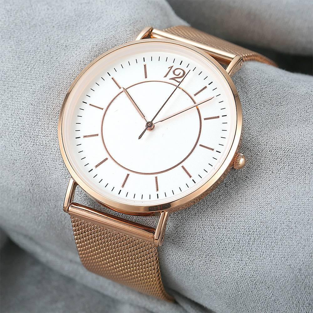 Mesh Bracelet Watch in Stainless Steel Rose Gold Strap and White Dial - Men's
