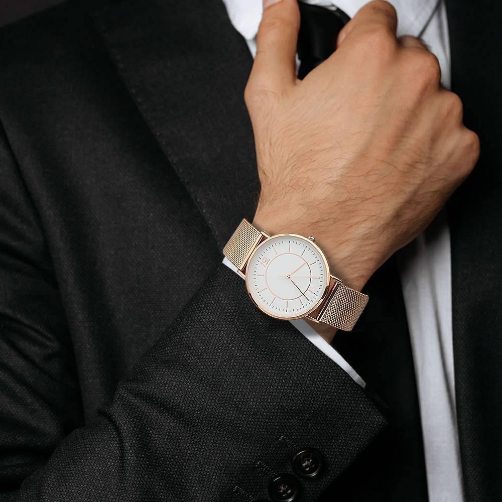 Mesh Bracelet Watch in Stainless Steel Rose Gold Strap and White Dial - Men's