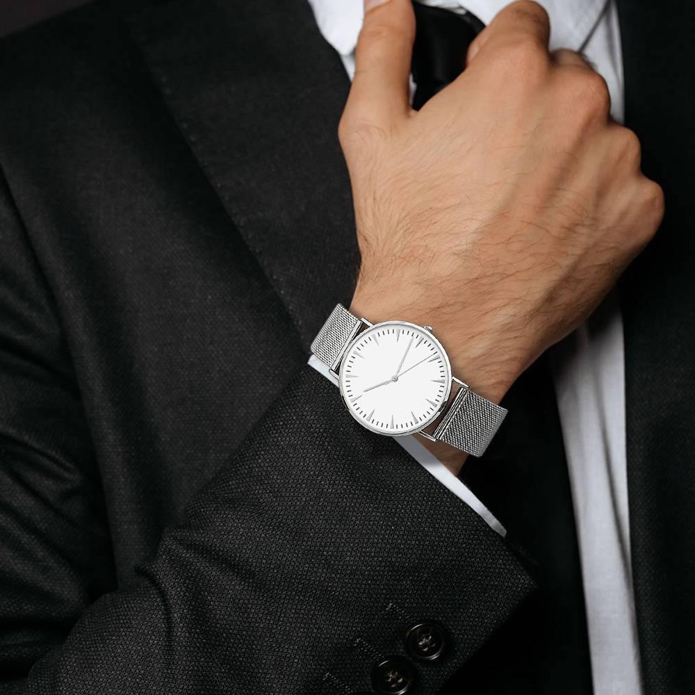 Mesh Bracelet Watch in Stainless Steel Silver Strap and White Dial - Men's