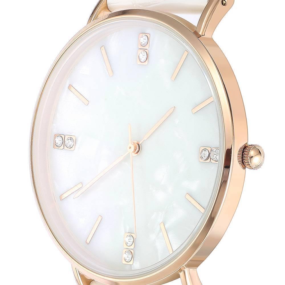 Fashion Marble Dial Watch White Leather Strap - Women's