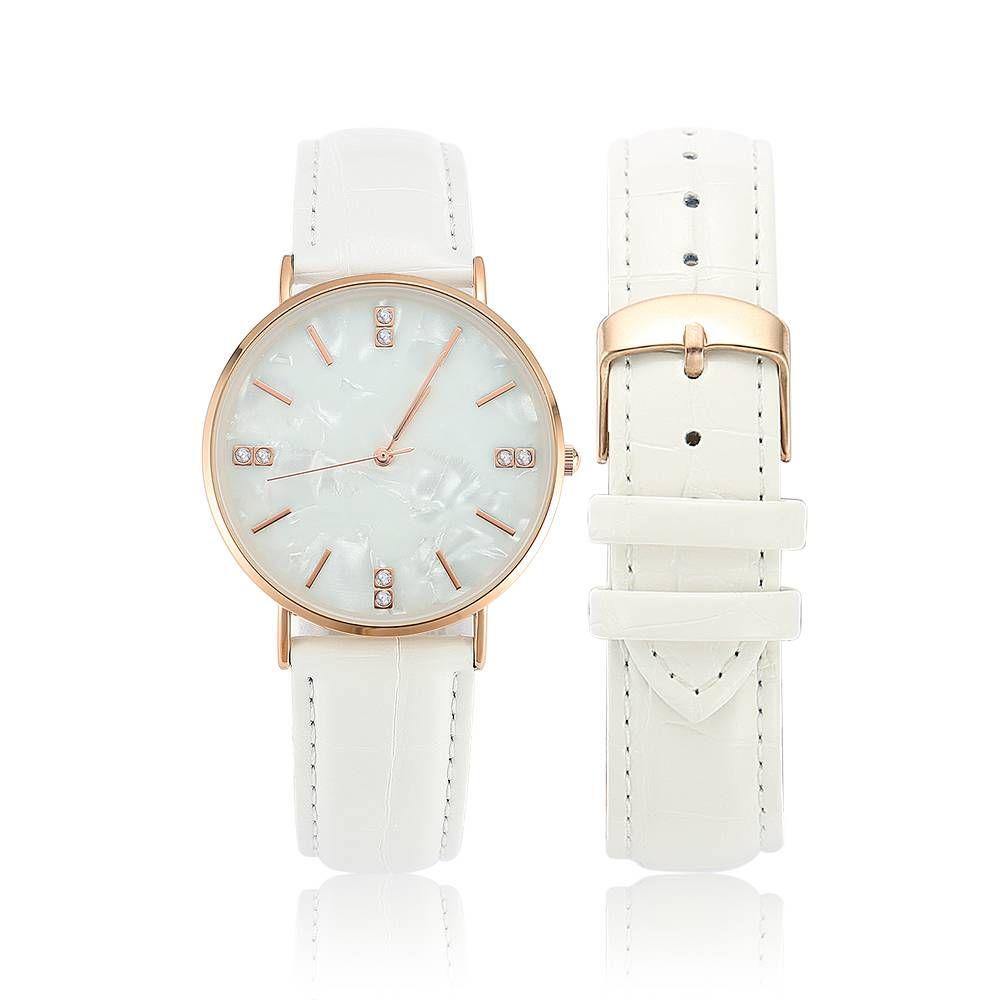 Fashion Marble Dial Watch White Leather Strap - Women's