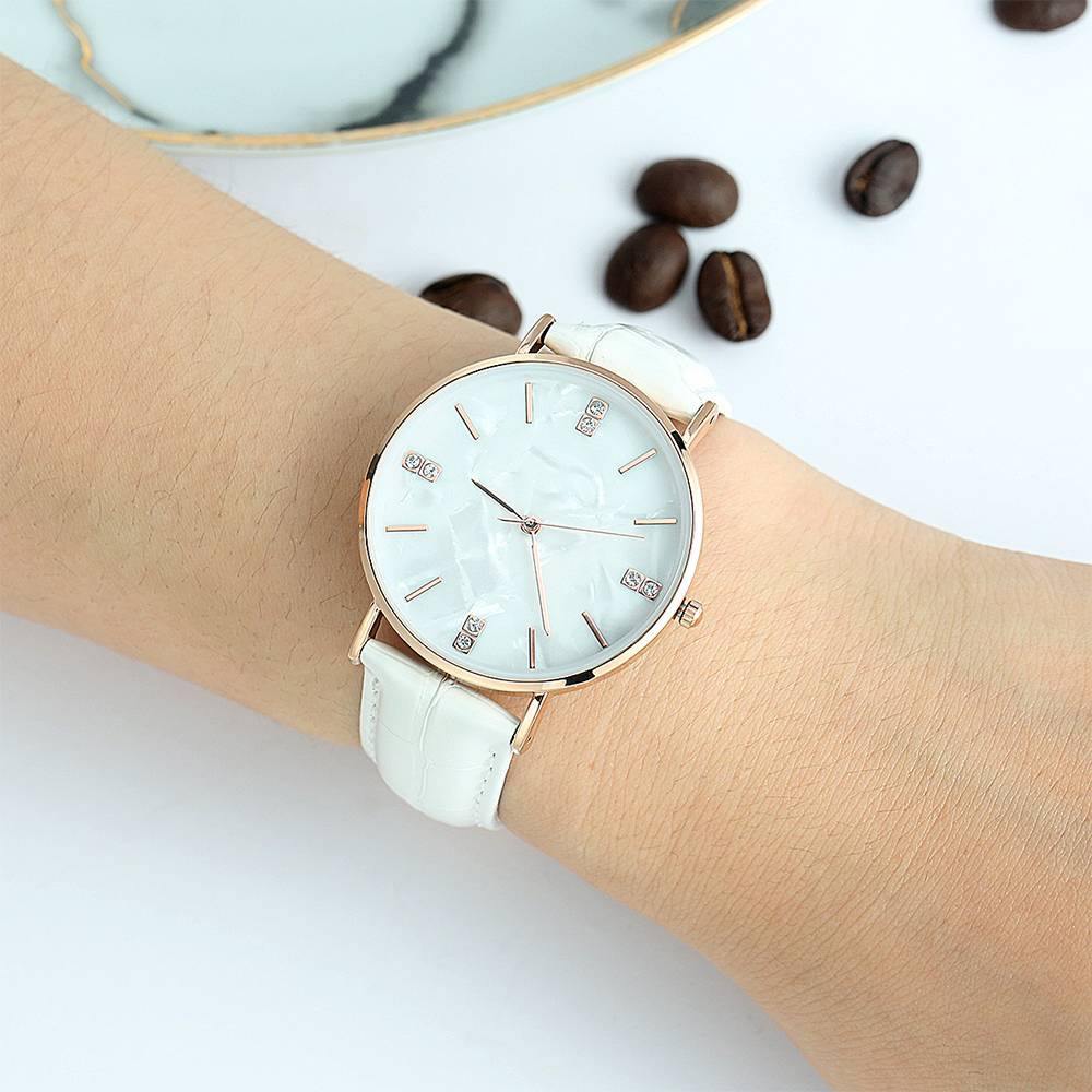 Fashion Marble Dial Watch White Leather Strap - Women's