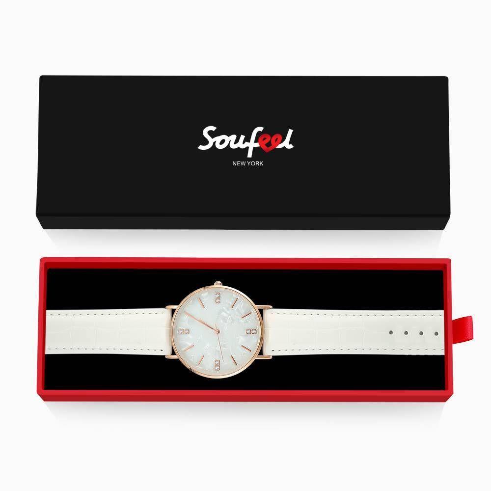 Fashion Marble Dial Watch White Leather Strap - Women's