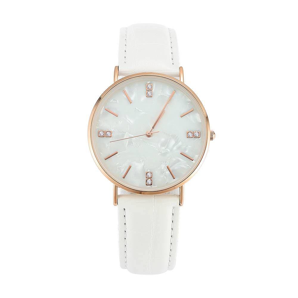 Fashion Marble Dial Watch White Leather Strap - Women's