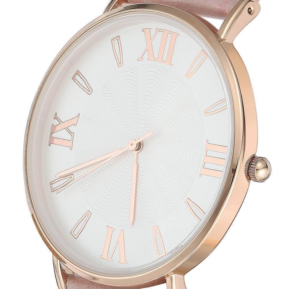 White Dial Watch Fashion Quartz Pink Leather Strap - Women's
