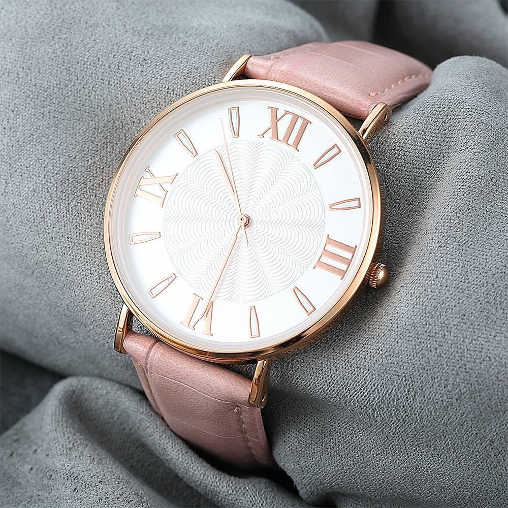 White Dial Watch Fashion Quartz Pink Leather Strap - Men's
