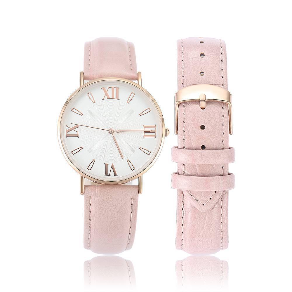 White Dial Watch Fashion Quartz Pink Leather Strap - Men's