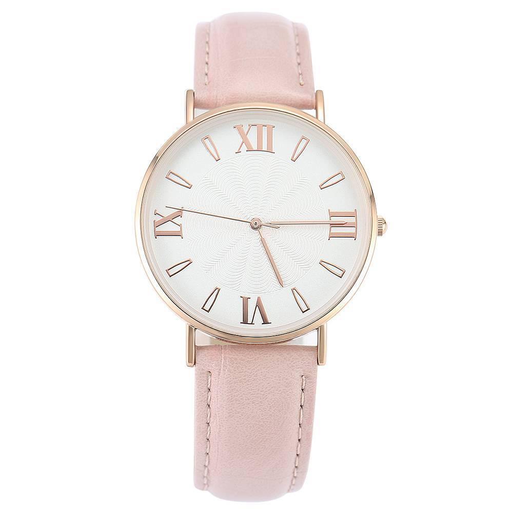 White Dial Watch Fashion Quartz Pink Leather Strap - Men's