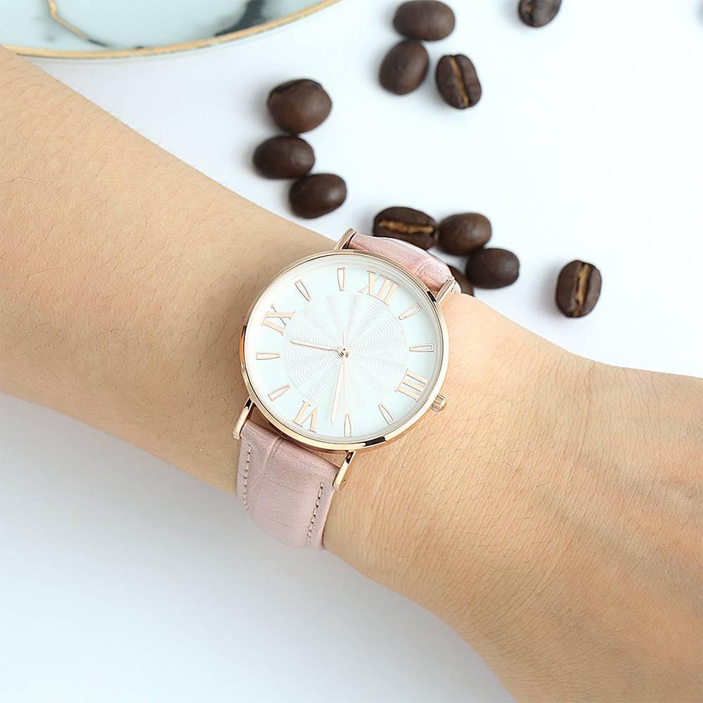 White Dial Watch Fashion Quartz Pink Leather Strap - Women's