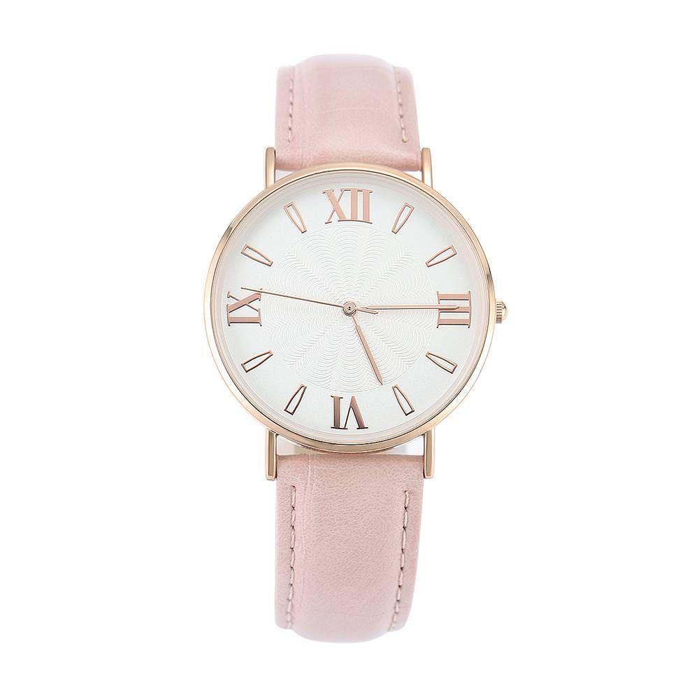 White Dial Watch Fashion Quartz Pink Leather Strap - Women's