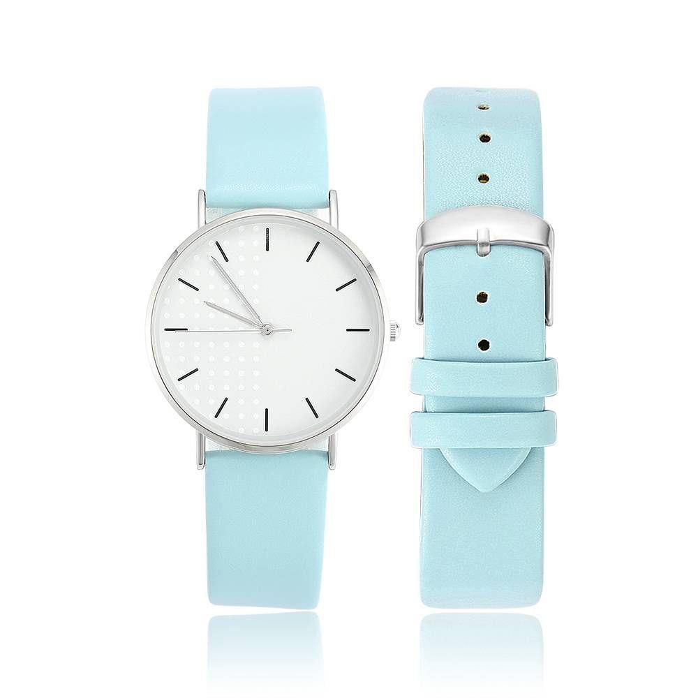 White Dial Watch Fashion Quartz Blue Leather Strap - Men's