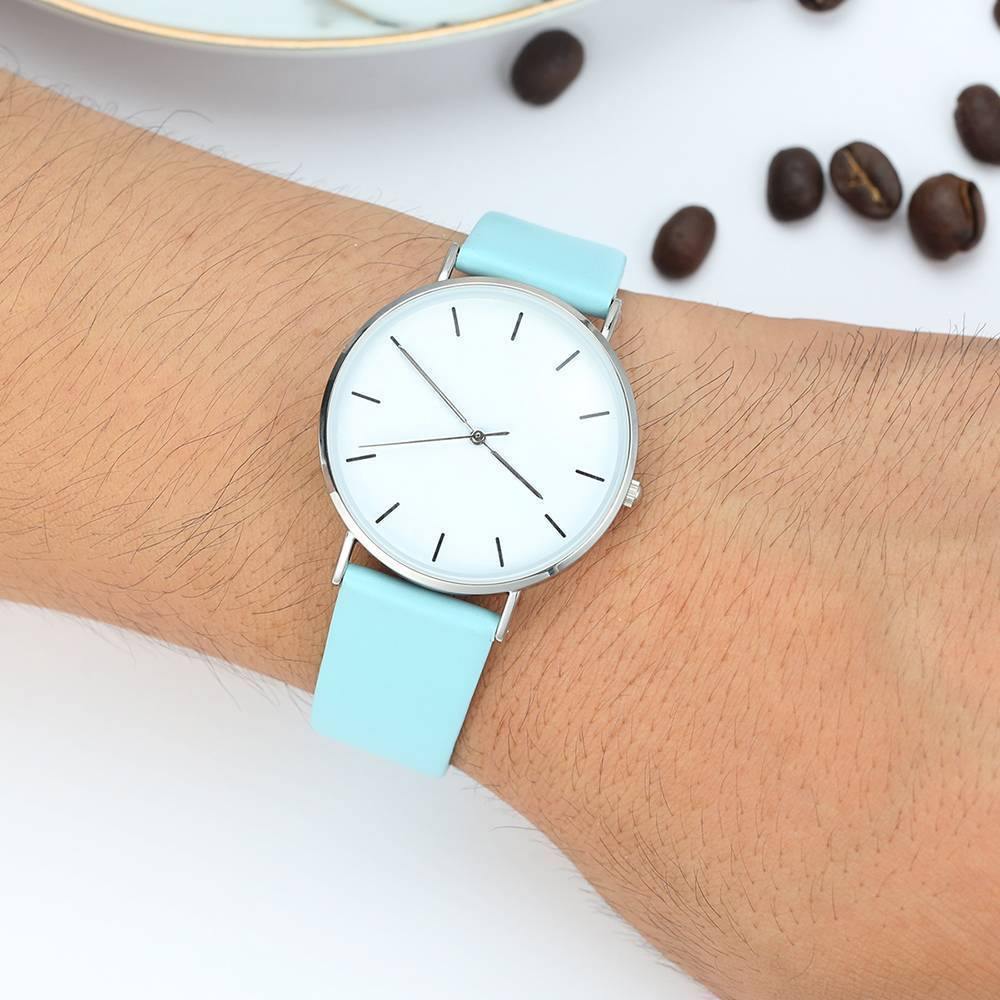 White Dial Watch Fashion Quartz Blue Leather Strap - Men's