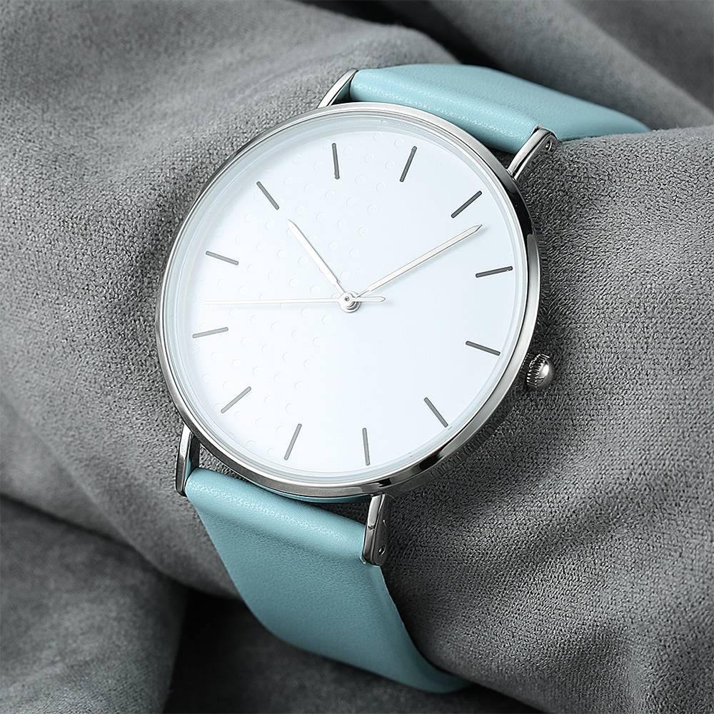 White Dial Watch Fashion Quartz Blue Leather Strap - Men's