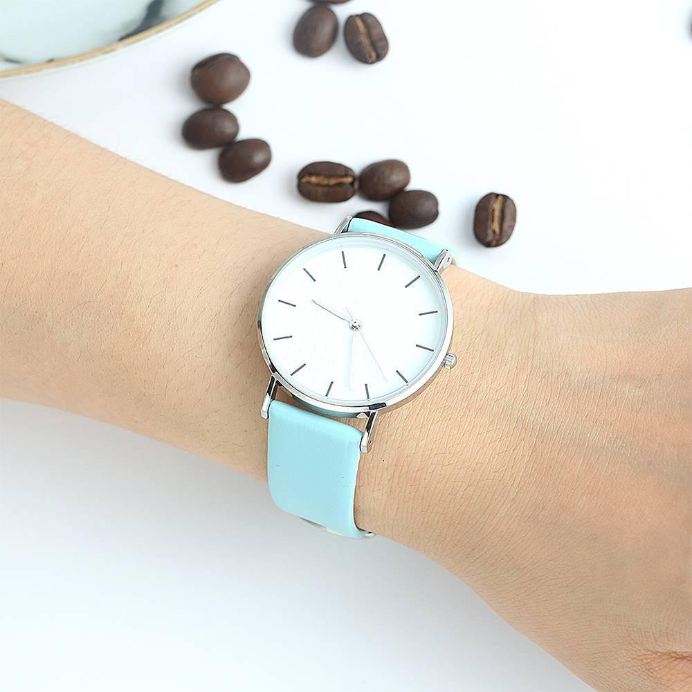 White Dial Watch Fashion Quartz Blue Leather Strap - Women's