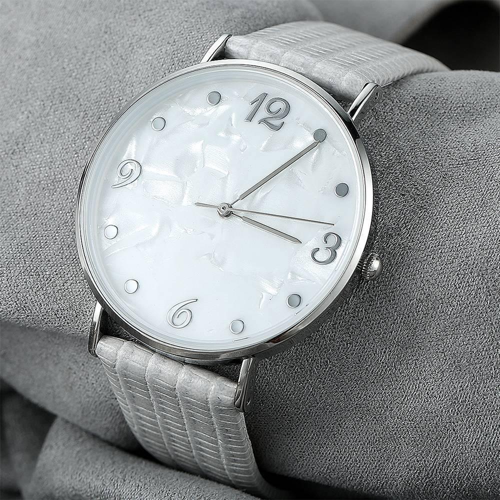 Casual Marble Dial Watch Grey Leather Strap - Men's