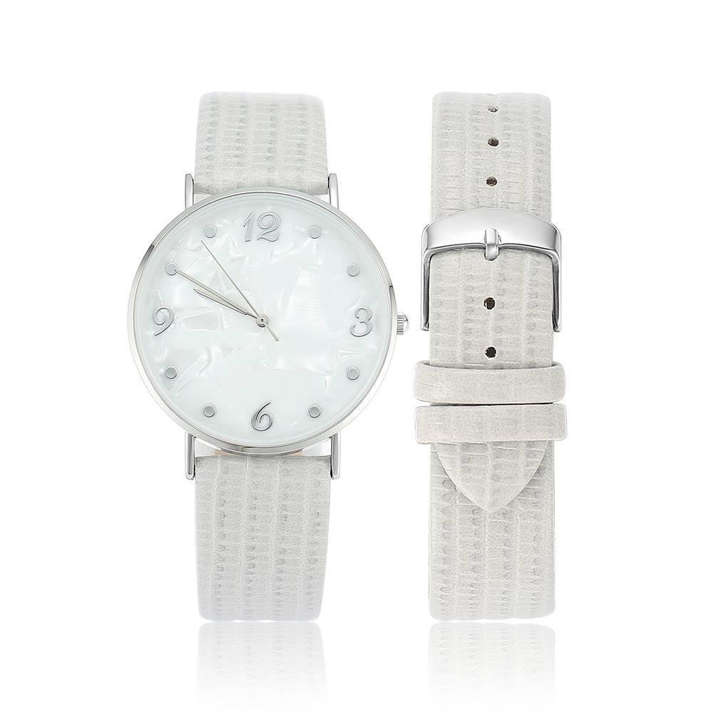 Casual Marble Dial Watch Grey Leather Strap - Men's