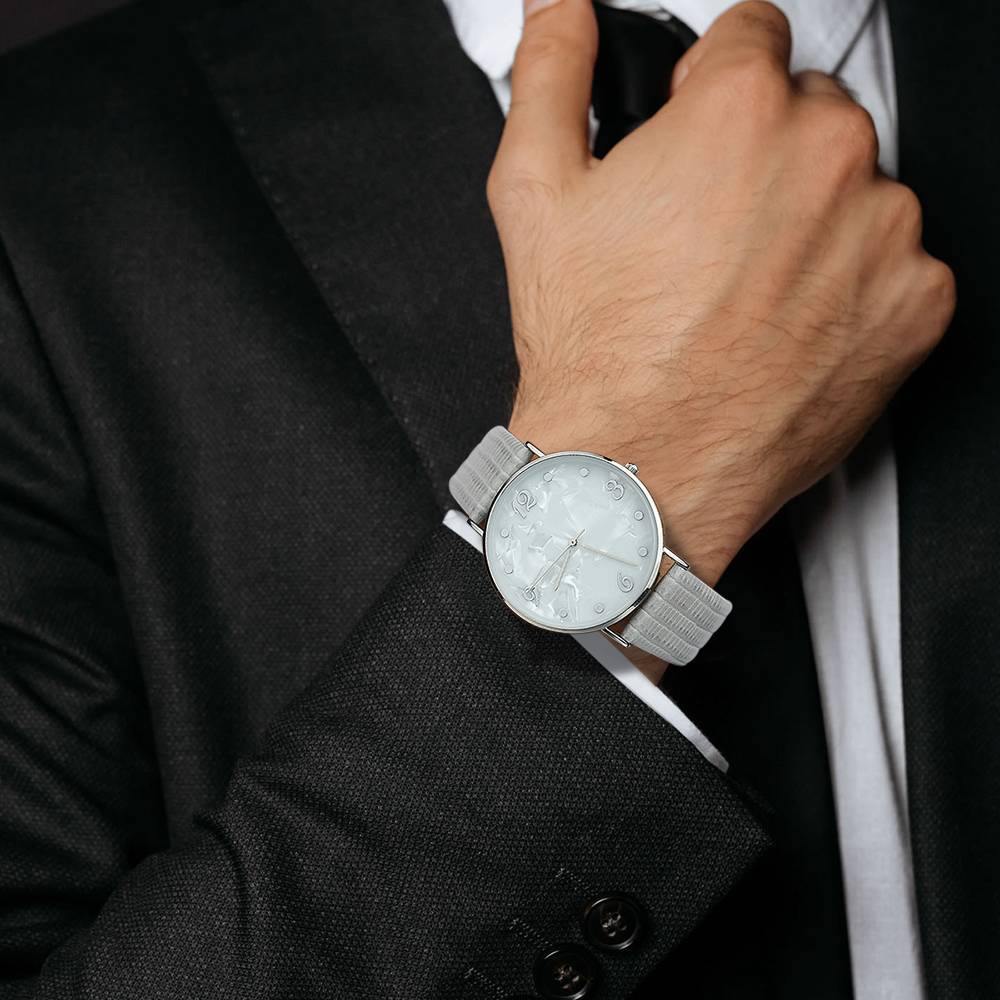 Casual Marble Dial Watch Grey Leather Strap - Men's