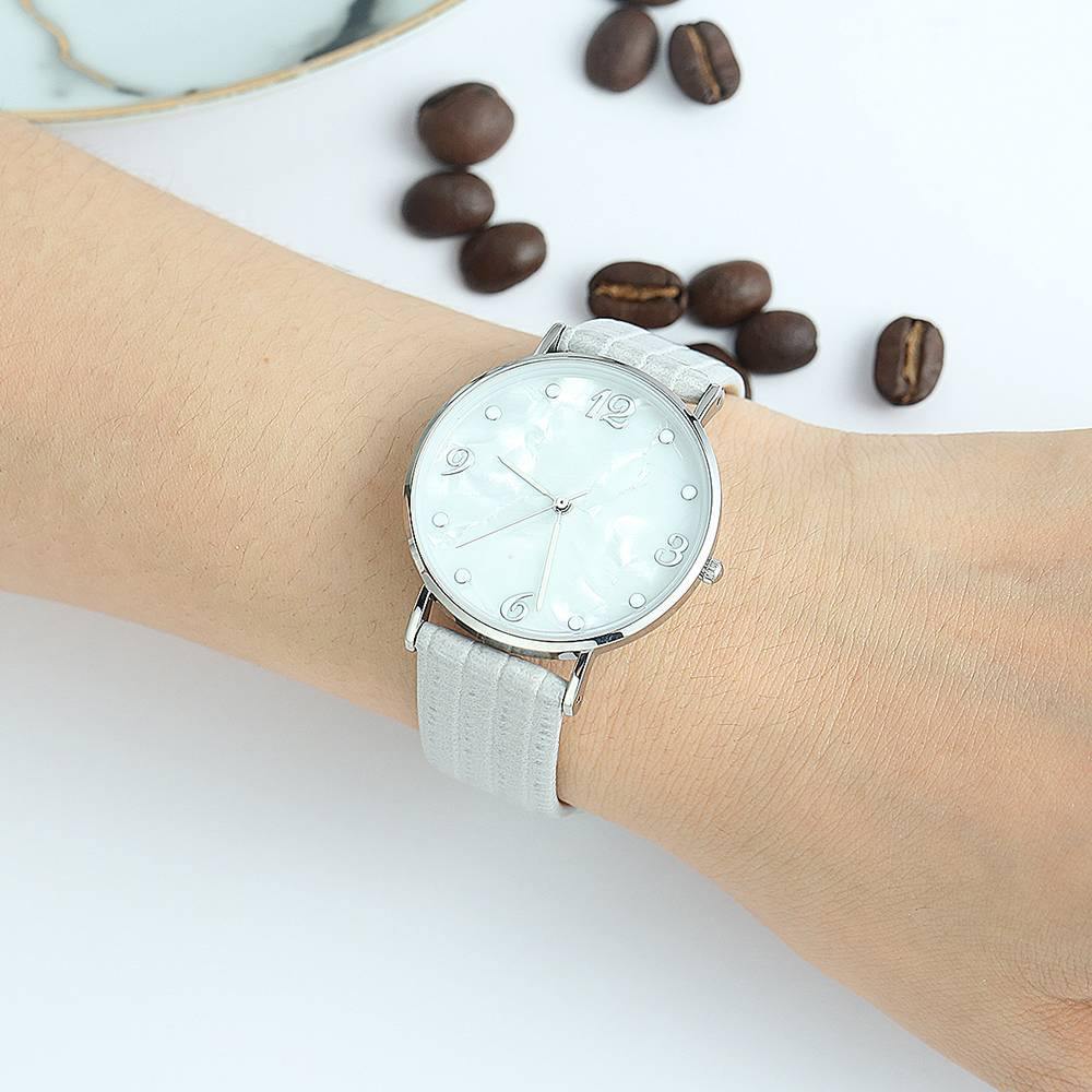 Casual Marble Dial Watch Grey Leather Strap - Women's