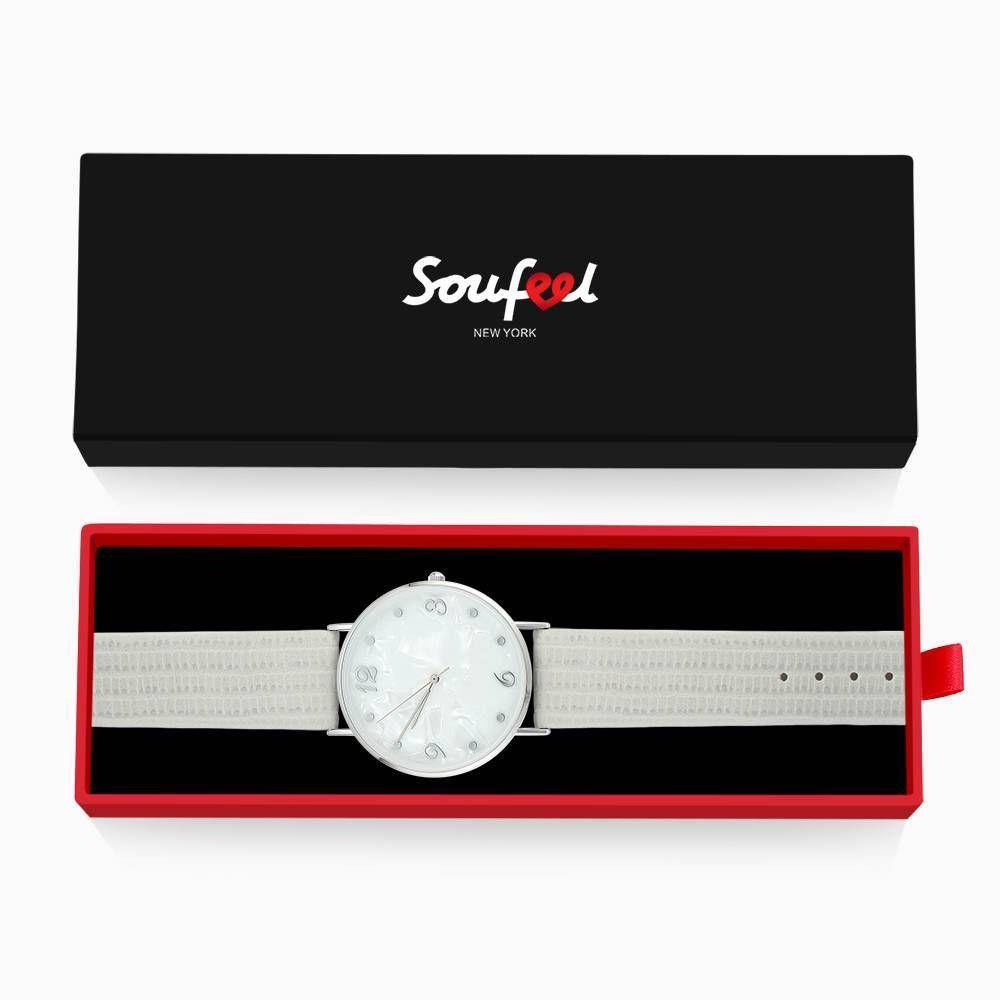 Casual Marble Dial Watch Grey Leather Strap - Women's