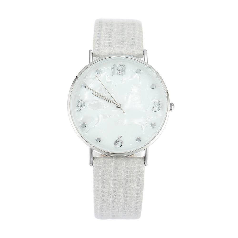 Casual Marble Dial Watch Grey Leather Strap - Women's