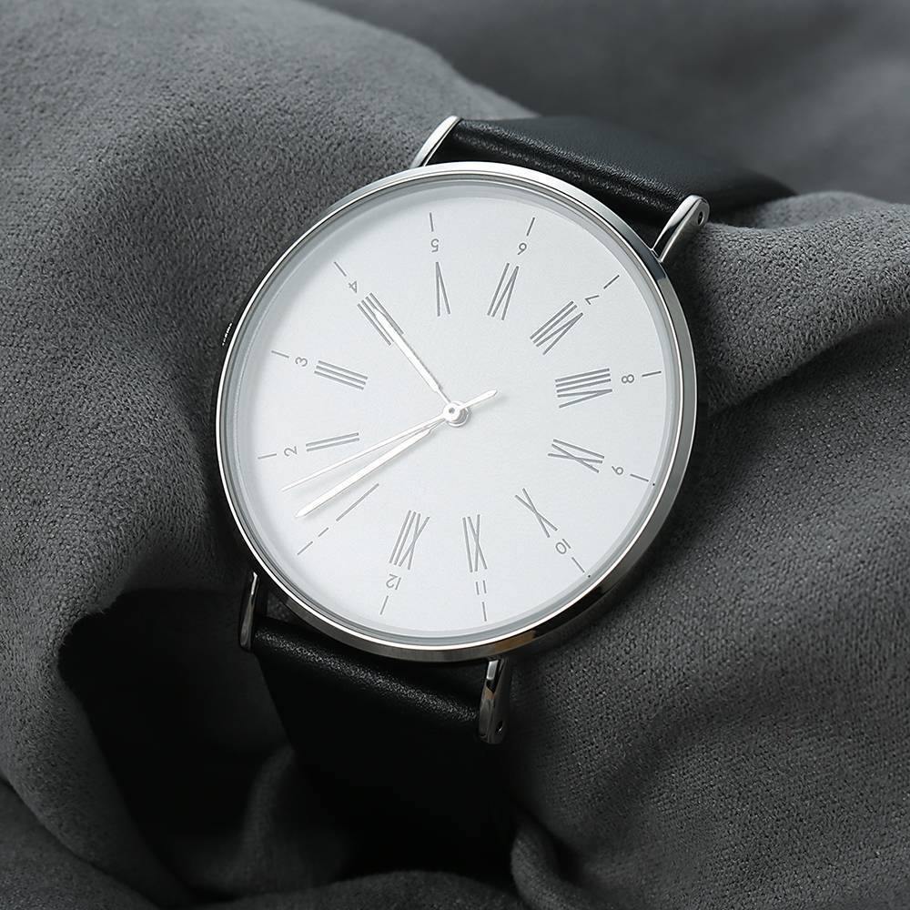 White Dial Watch Fashion Quartz Black Leather Strap Business Watch - Men's