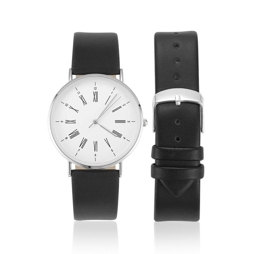 White Dial Watch Fashion Quartz Black Leather Strap Business Watch - Men's