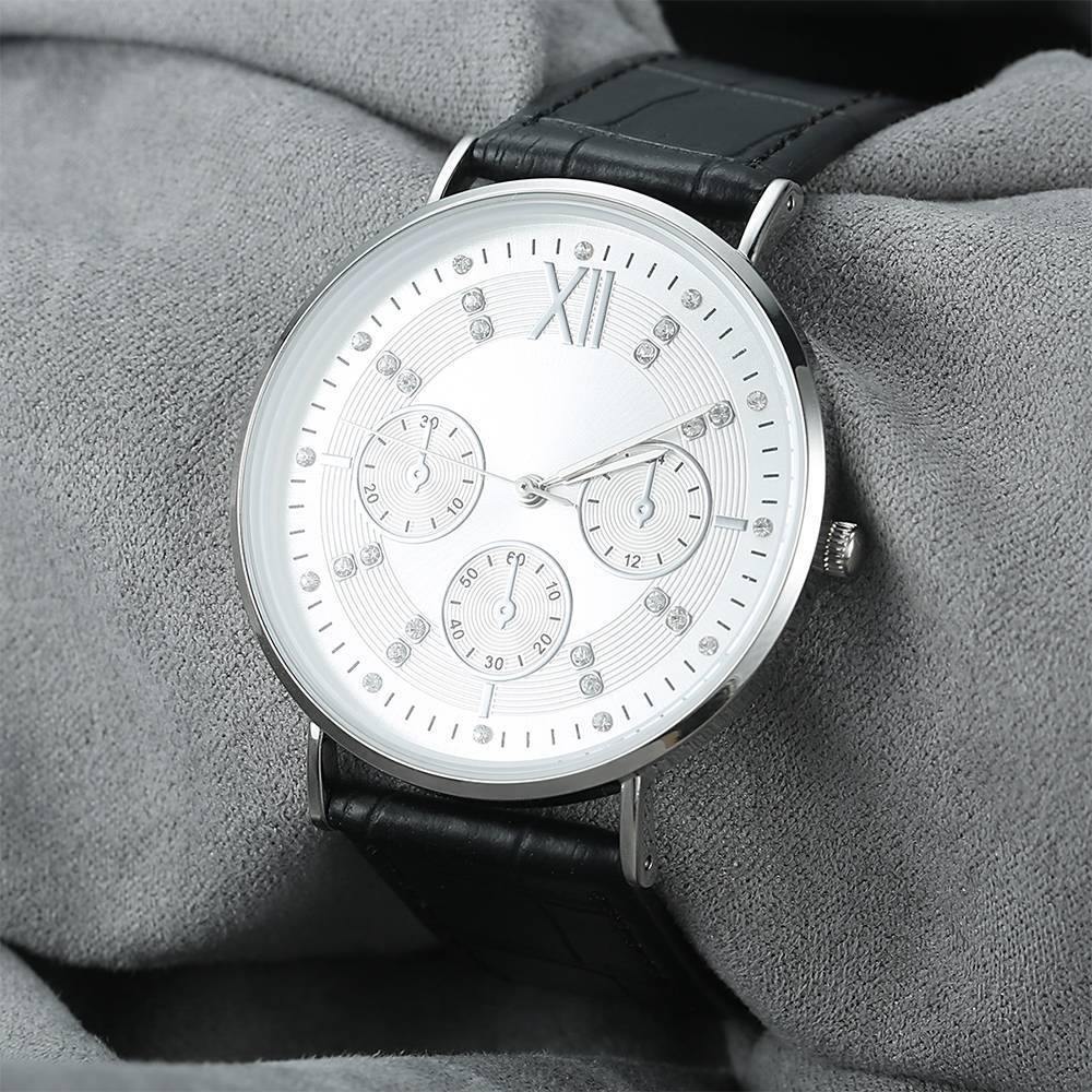 Automatic Watch White Dial Black Leather Strap - Men's