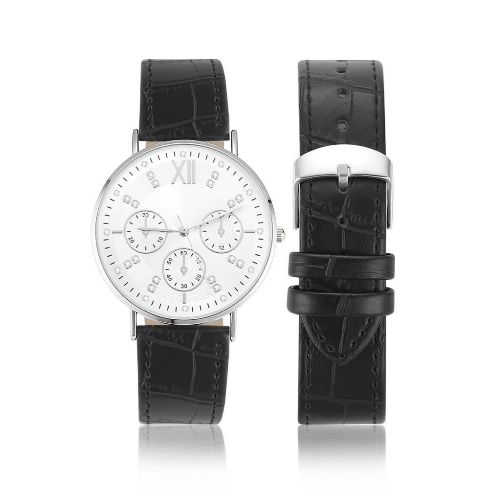 Automatic Watch White Dial Black Leather Strap - Men's